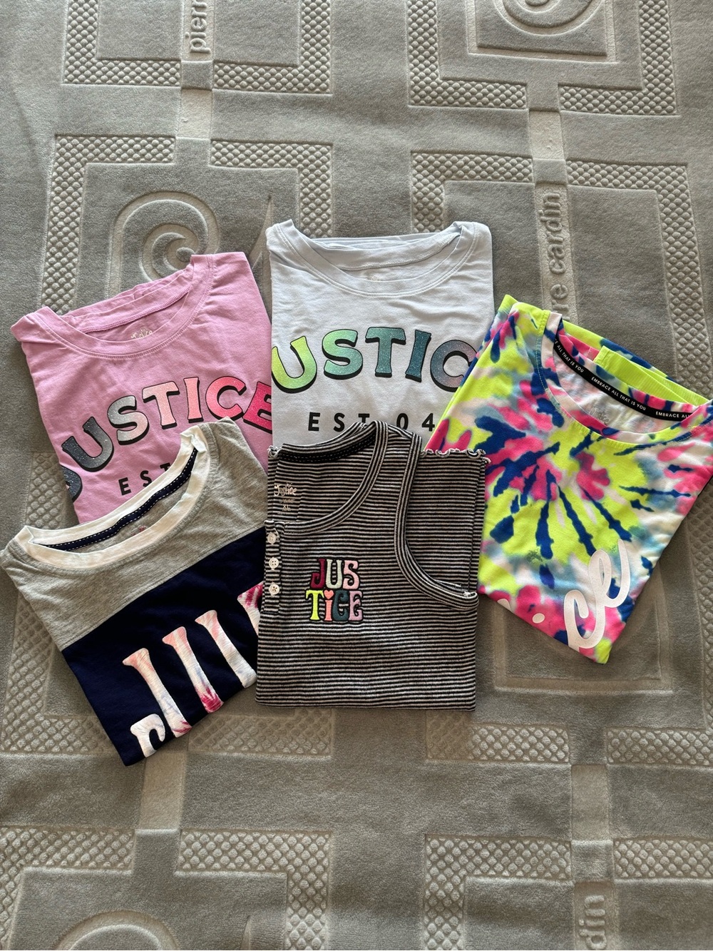 Justice Girls' Pink, White, Neon Tie-Dye, Navy & Black Striped Tops Pack